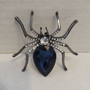 Black and Blue Metal And Rhinestone Spider Beooch